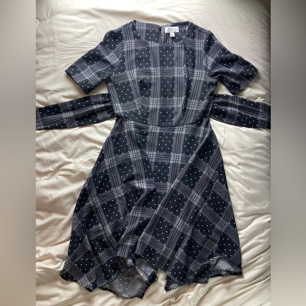 Elle plaid and polka dot dress! Waist sash and unique skirt cut!